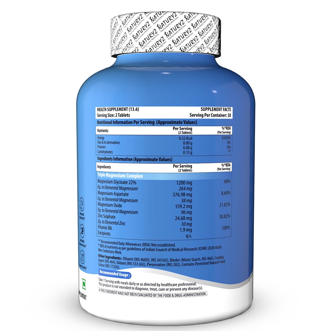 NATURYZ Triple 3-in-1 Magnesium Complex 1736mg (Glycinate, Aspartate & Oxide) with Zinc for Maximum Absorption | Supports Stress Relief, Sleep, Muscle Recovery, Nerves, Joints & Cognition - 60 Tablets