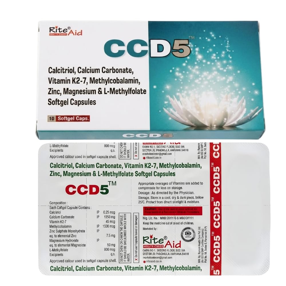 RITE AID HEALTH CARES CCD5 Advanced 5-in-1 Formula Softgel Capsules | Help Daily Bone & Nerve Support with Calcium, Vitamin K2-7, Vitamin B12, Zinc, Magnesium & L-Methylfolate