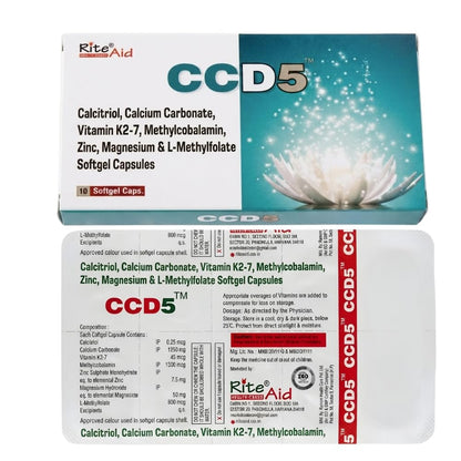RITE AID HEALTH CARES CCD5 Advanced 5-in-1 Formula Softgel Capsules | Help Daily Bone & Nerve Support with Calcium, Vitamin K2-7, Vitamin B12, Zinc, Magnesium & L-Methylfolate