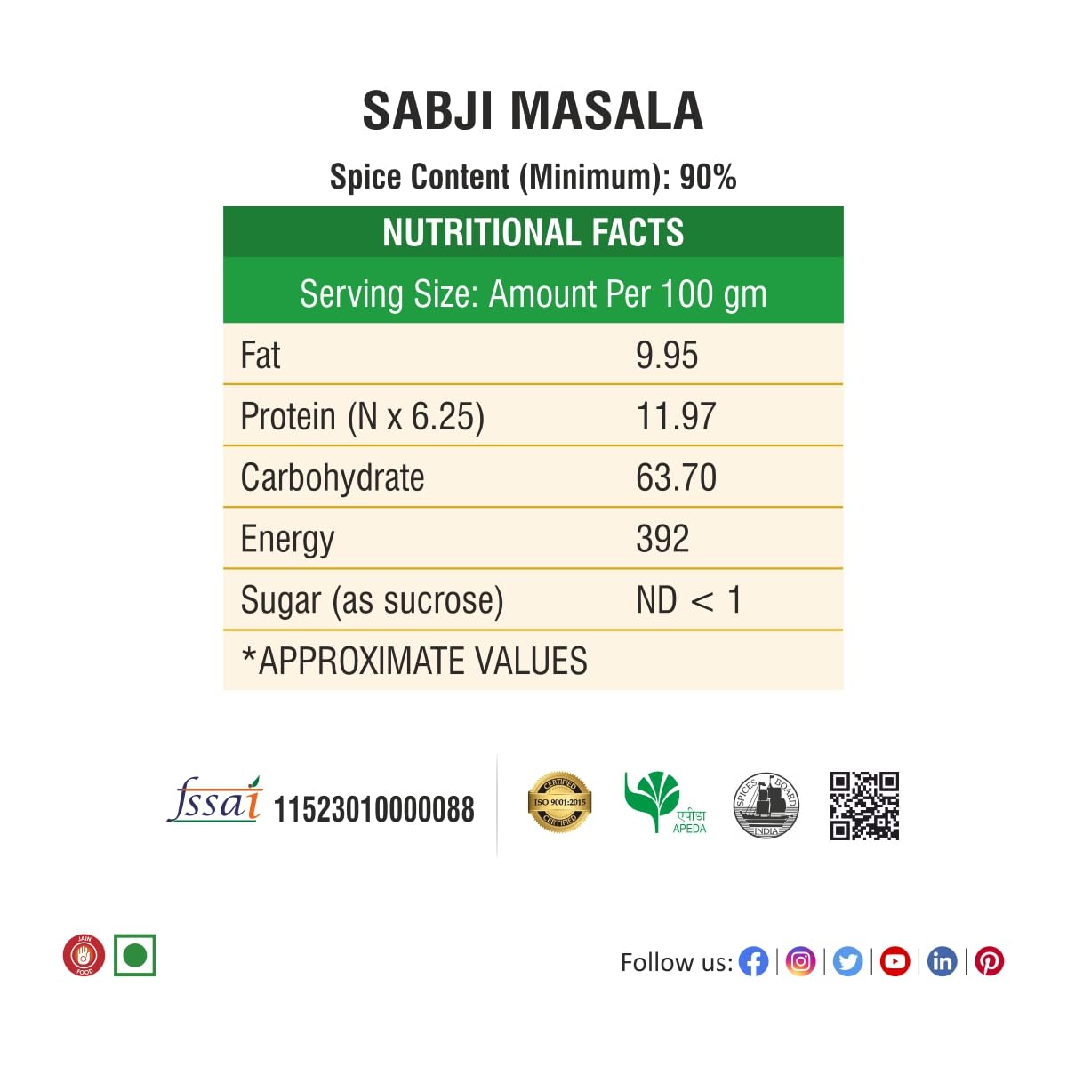 Bhoj Masale Sabji Masala Powder Net 450GM | Spices with Natural Ingredients For Healthy and Delicious Cooking. No colour, no preservatives, no onion & no garlic (Jain Masale)