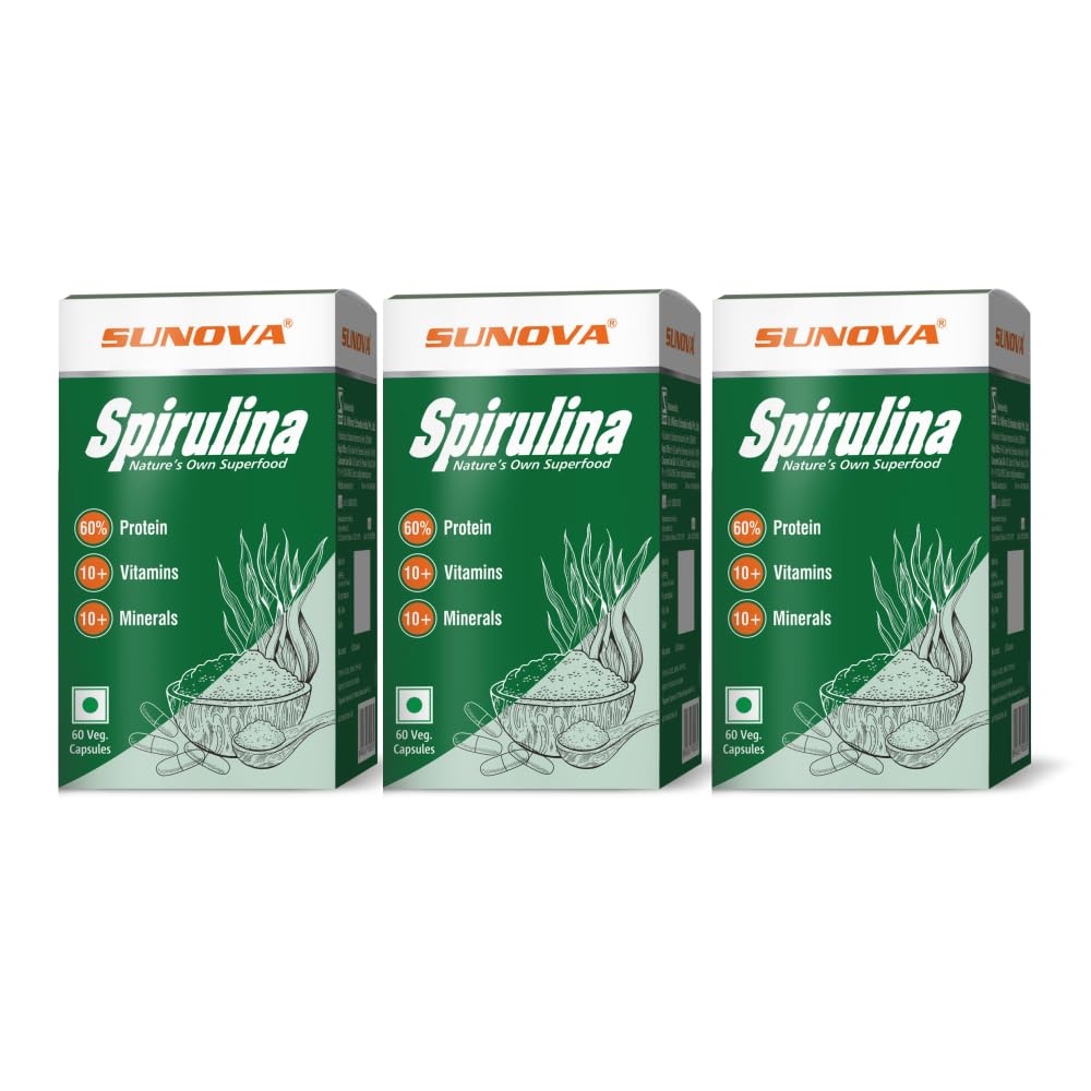 SUNOVA Organic Spirulina Capsules - Nature's Own Superfood and Nutritional Supplement, Spirulina for Full Body Support - 60 Capsules x Pack of 3