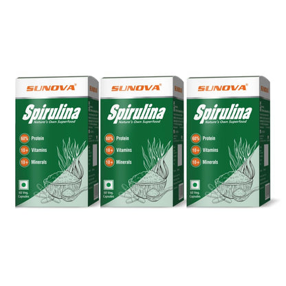 SUNOVA Organic Spirulina Capsules - Nature's Own Superfood and Nutritional Supplement, Spirulina for Full Body Support - 60 Capsules x Pack of 3