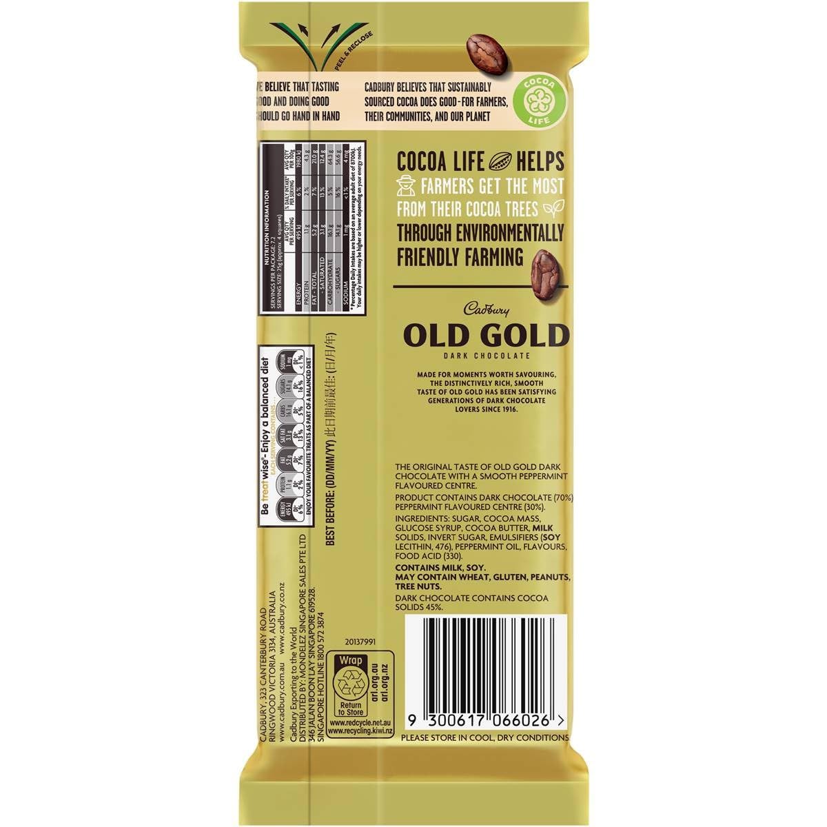 Cadbury Old Gold Peppermint Dark Chocolate, 6.35 oz / 180 g