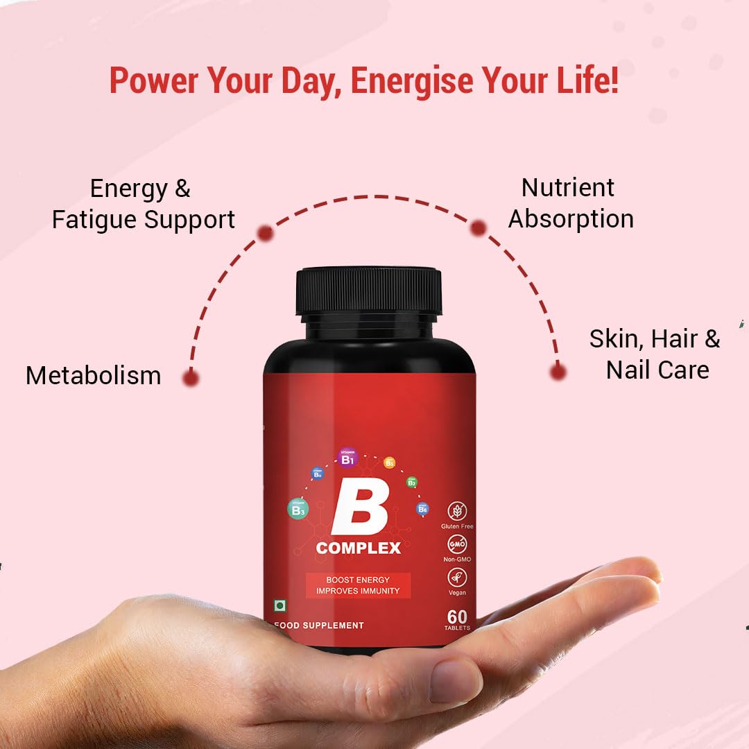 CUREFOREVER Vitamin B Complex Tablets | with B1, B2, B5, B6, Biotin & B12 | Energy, Metabolism & Immunity Support | Healthy Hair, Skin & Nails | Vegan B Complex for Men & Women – 60 Tablets
