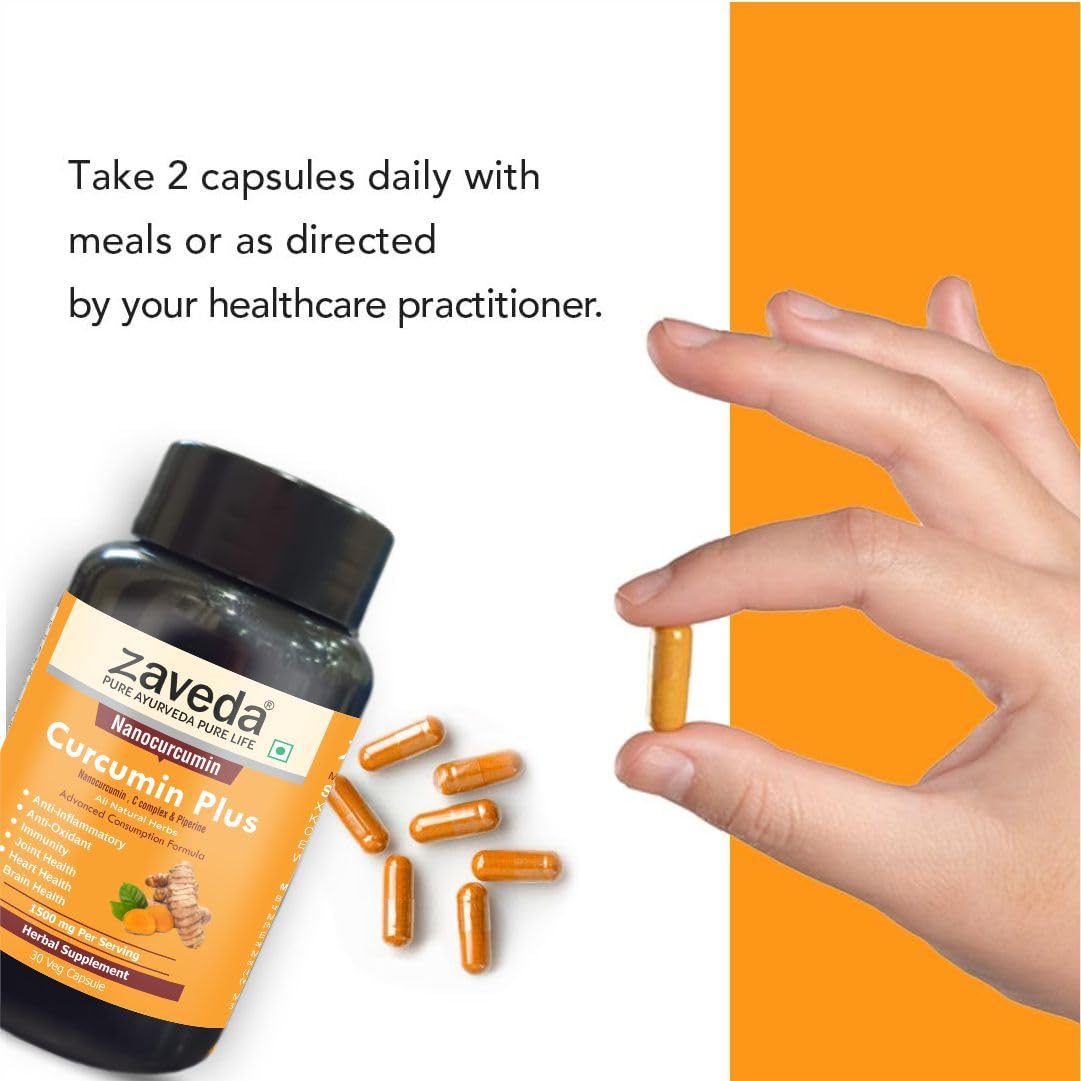 Zaveda Nano Curcumin Plus 1500mg| High absorption Pure Nano Curcumin with Biopiperine | Ayurvedic | Antioxidant & Anti-inflammatory - Skin, Heart, Joint Support |Veg Caps 30