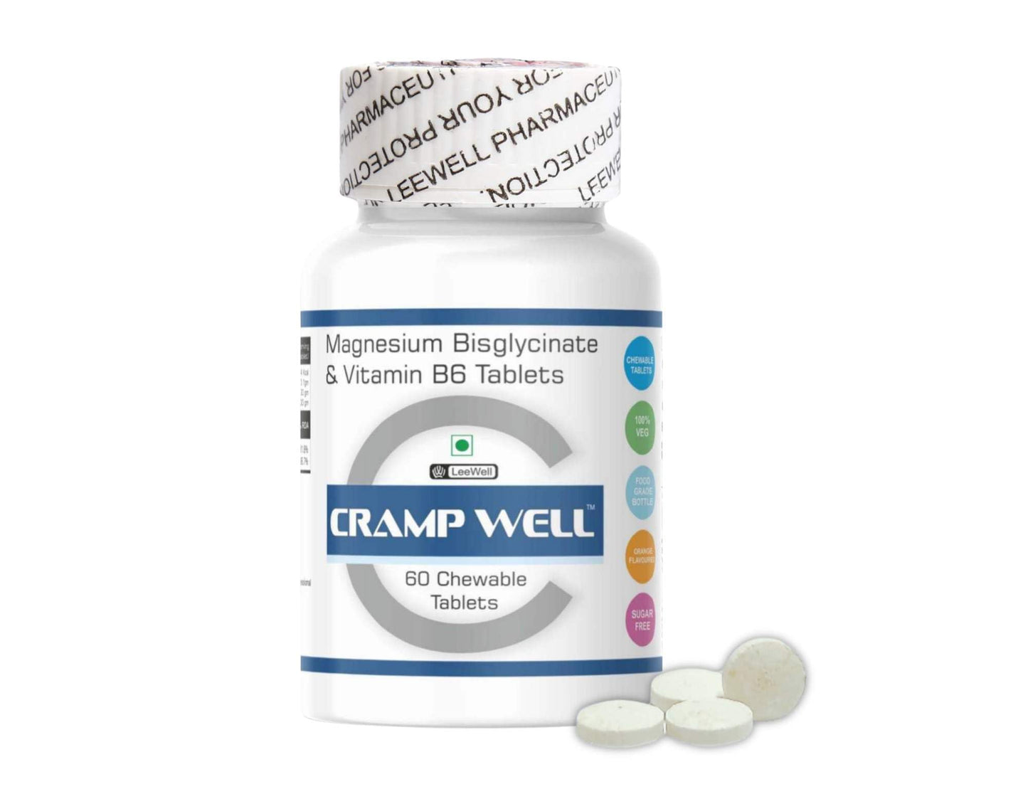Crampwell Chewable Magnesium Supplement | Magnesium Bisglycinate with Vitamin B6 (Pyridoxine) | Helps Leg Cramp Relief, Sleep Quality & Muscle Recovery for Men & Women - 60 tablets (Sugar-free)