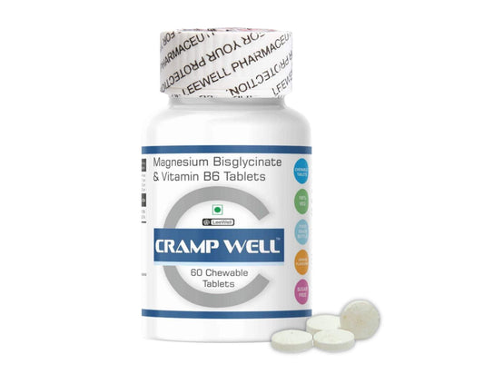Crampwell Chewable Magnesium Supplement | Magnesium Bisglycinate with Vitamin B6 (Pyridoxine) | Helps Leg Cramp Relief, Sleep Quality & Muscle Recovery for Men & Women - 60 tablets (Sugar-free)