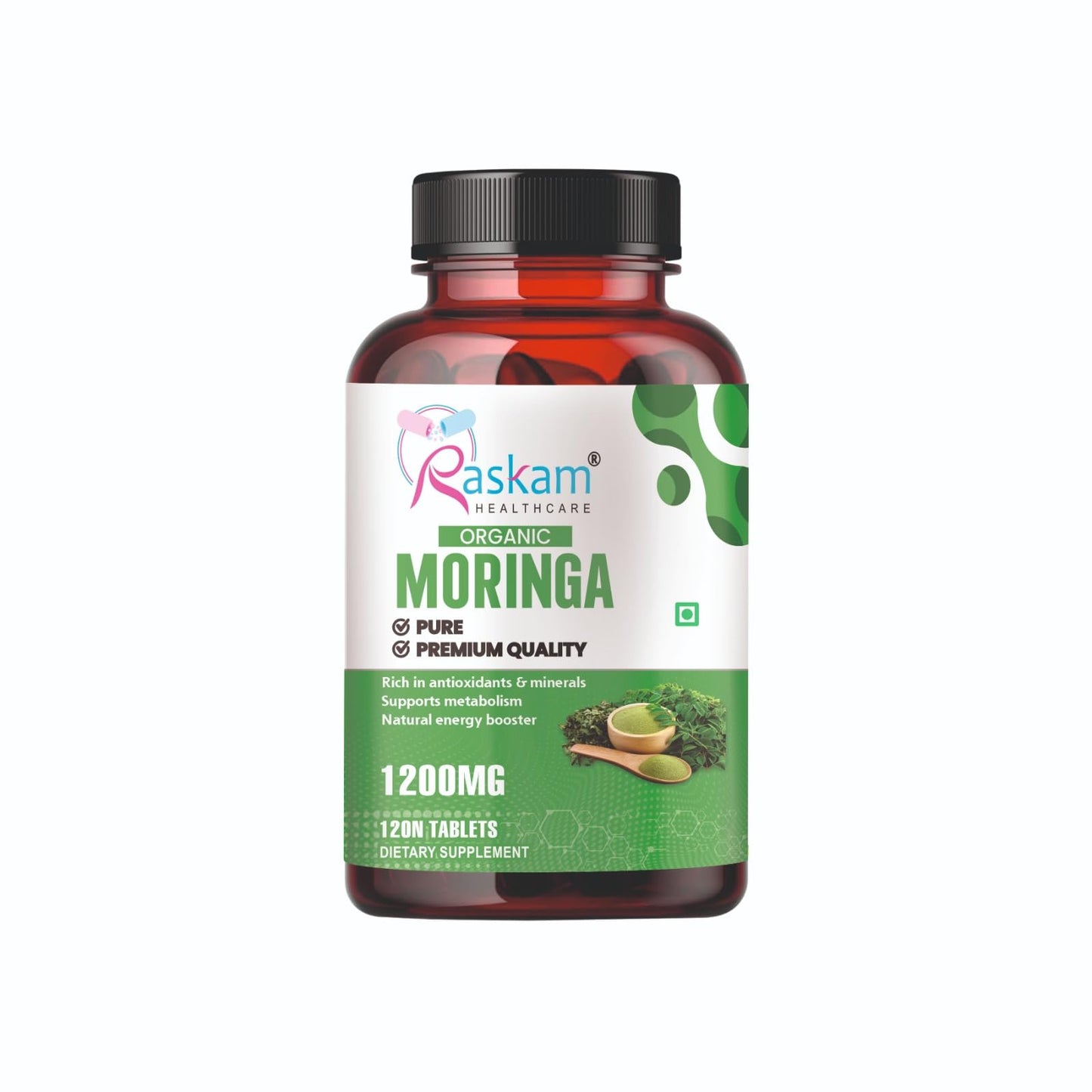 Raskam Organic Moringa Tablet with 1200mg Leaves Extract | Powder Tablets for Immunity, Digestion & Energy | Organic Leaves 120 Tablets