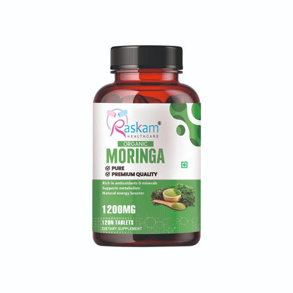 Raskam Organic Moringa Tablet with 1200mg Leaves Extract | Powder Tablets for Immunity, Digestion & Energy | Organic Leaves 120 Tablets