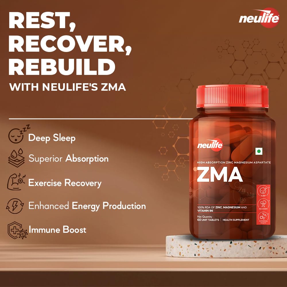 Neulife ZMA-Zinc + Magnesium + B6 for Recovery & all-round Health boost Tablets- (60Tabs)