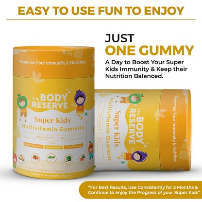 The Body Reserve's Super Kids Multivitamin Gummies Daily Essential Vitamins B C D E B12 & Zinc for Kids Growth, Development, Strong Bones, Teeth & Immunity Lemon and Strawberry Flavoured 30 Gummies