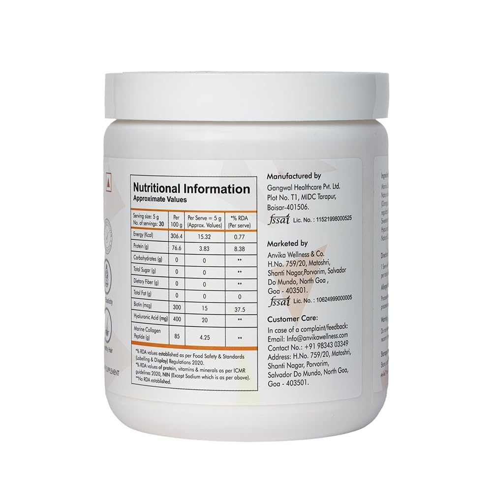 Anvika Marine Collagen Peptides Supplement for Skin, Hair, Nails. Bone & Joint | Clinically Proven | Hydrolyzed Marine Collagen Peptides | Collagen Supplements for Women & Men, Orange Flavour, 150 gms
