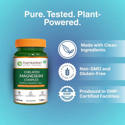 Pure Nutrition Chelated Triple Magnesium Complex Supplement - 60 Tablets | Magnesium Glycinate Complex With Citrate & Oxide Supplement Supports Bones Muscles & Nerves 1383mg Per Serving