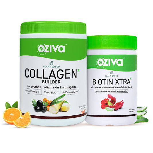 OZiva Plant Based Collagen Builder for Glowing & Youthful Skin | Collagen Powder for Women & Men | With Biotin, Silica & Vitamin C (Collagen Berry Orange + Biotin Xtra)