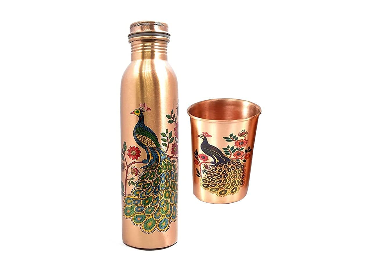 Aditya Shopping Premium Peacock Print Copper Water Bottle (1 Litre) With One Cop