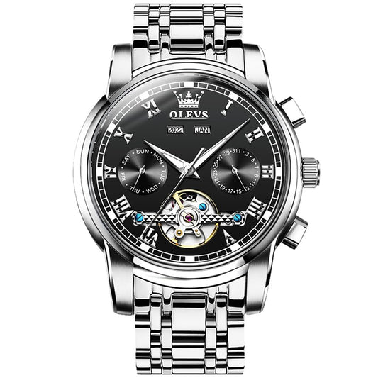 OLEVS Automatic Watch for Men Self Winding Mechanical Luxury Business Stainless Steel Multi Calendar Waterproof Luminous Wrist Watches Silver Black