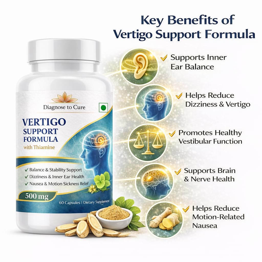 Vertigo Support Capsules – Dizziness & Inner Ear Balance Supplement | Thiamine TTFD, Vitamin B6, B12, D3, Magnesium, Ginkgo Biloba, Ginger & Taurine | Motion Sickness, Nausea & Nervous System Support | 60 Capsules