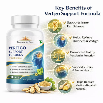 Vertigo Support Capsules – Dizziness & Inner Ear Balance Supplement | Thiamine TTFD, Vitamin B6, B12, D3, Magnesium, Ginkgo Biloba, Ginger & Taurine | Motion Sickness, Nausea & Nervous System Support | 60 Capsules