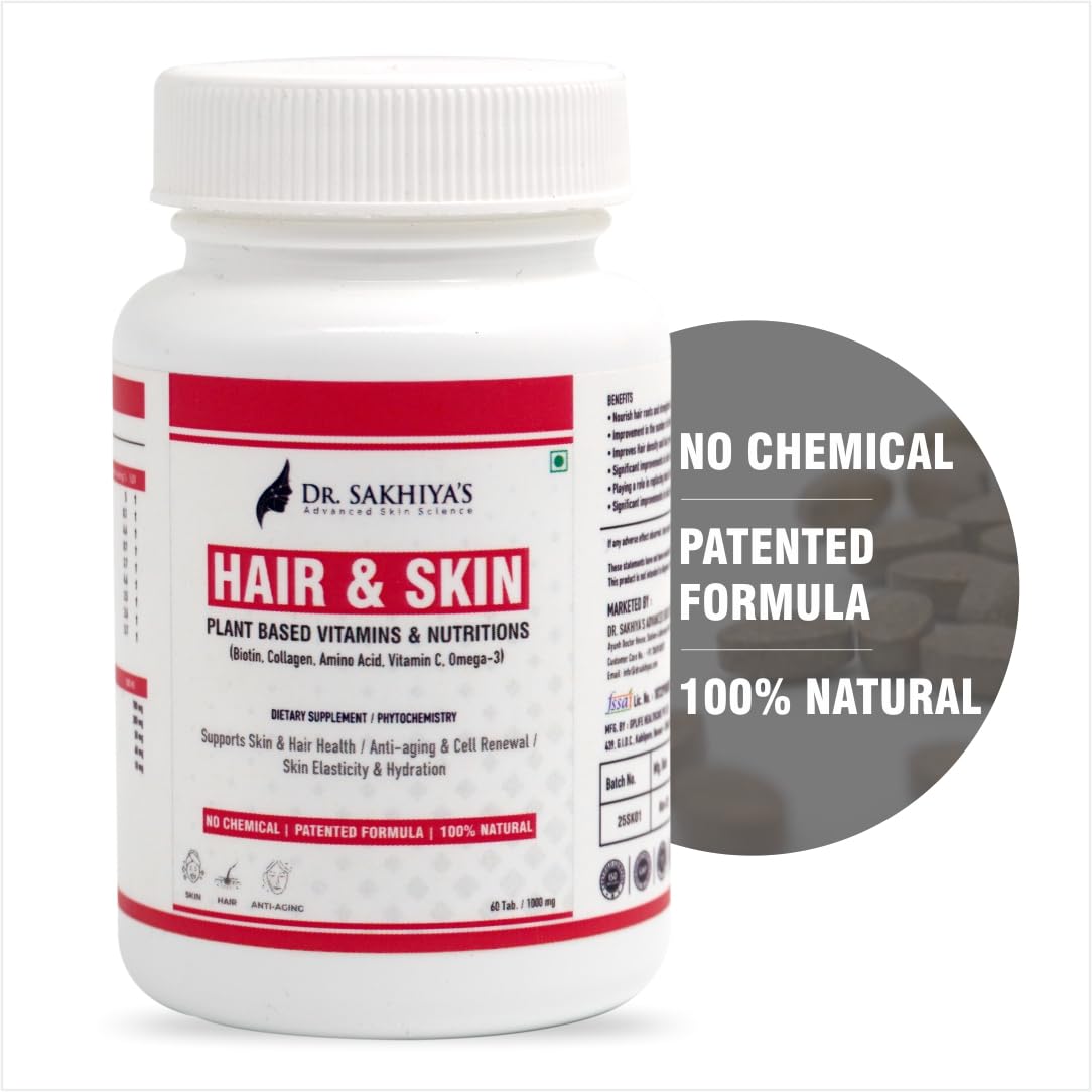 Dr. Sakhiya's Hair & Skin Supplement - Plant-Based Vitamins & Nutrients | Biotin, Collagen, Amino Acids, Vitamin C, Omega-3 | Anti-Hair Fall, Anti-Aging, Hydration, Skin Elasticity | 60 Tablets