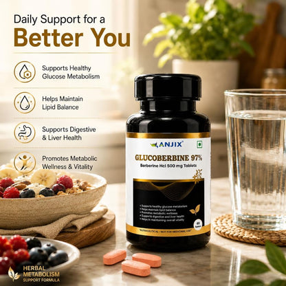Anjix Berberine HCL 97 Percent Tablets | 500 mg Herbal Supplement for Metabolism Support Digestive Wellness | 60 Tablets Pack