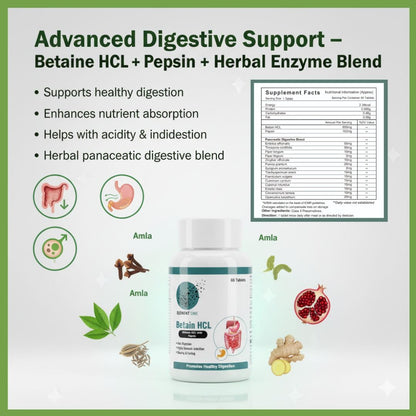 Betaine HCL with Pepsin – Supports Nutrient Absorption, Healthy Stomach Acid Levels & Digestive Enzyme Function – Helps Indigestion, Bloating & Gut Health Veg Tablets (120)