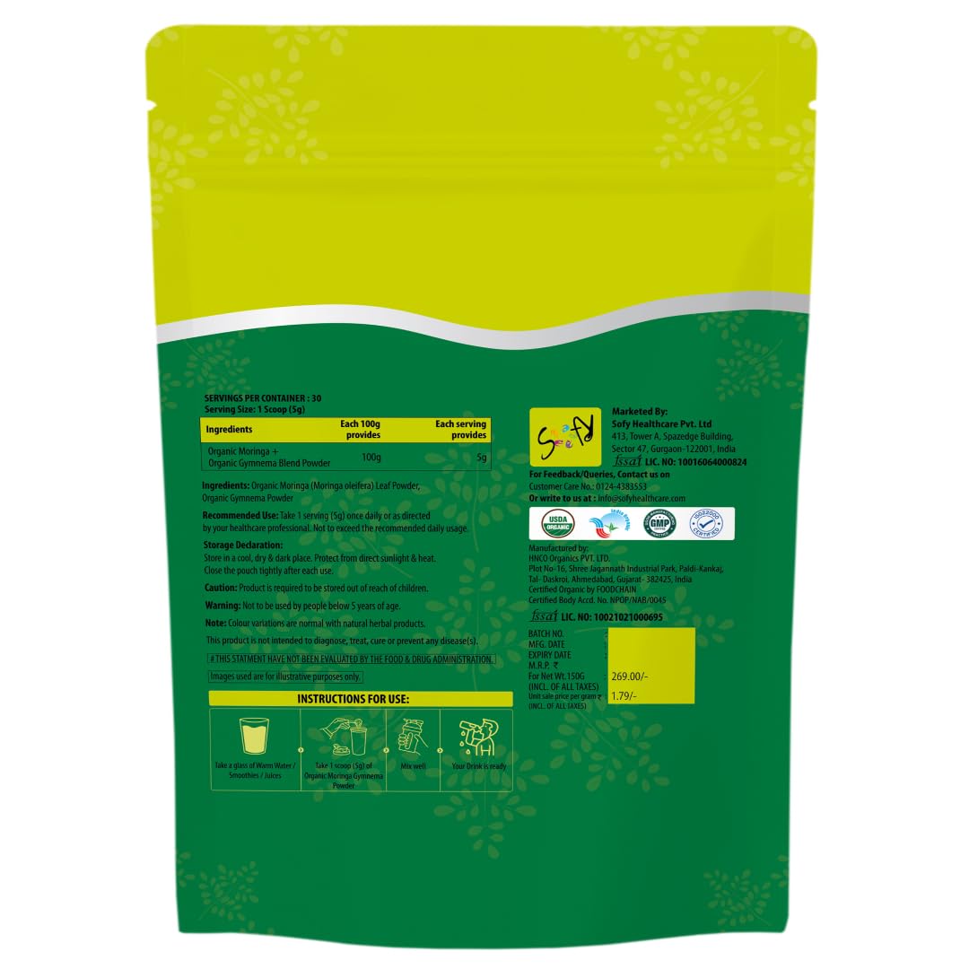 NATURYZ Organic Moringa +Gymnema ( Gudmar) Powder leaves for Lean Weight Management | Supports Blood Sugar Control, Reduces Cravings & Enhances Metabolism | Energy | Detox | Immunity | USDA Organic Certified | Pesticides & Chemical-Free - 150g