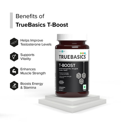 TrueBasics T-Boost, Testosterone Supplement for Men (60 Tablets) | With KSM 66 Ashwagandha, Safed Musli, Gokshura, & Ginseng | For Energy, Stamina & Muscle Strength