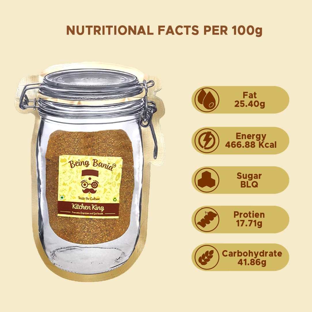 Being Bania Kitchen King Masala Pouch, 100 Gms | 100% Natural |natural Jain Masala No garlic or onion | | No Added Flavors or Preservative | For Healthy Routine | Promote Digestion & Gut Health | Exotic Indian Spices | Indian Masala