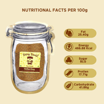 Being Bania Kitchen King Masala Pouch, 100 Gms | 100% Natural |natural Jain Masala No garlic or onion | | No Added Flavors or Preservative | For Healthy Routine | Promote Digestion & Gut Health | Exotic Indian Spices | Indian Masala