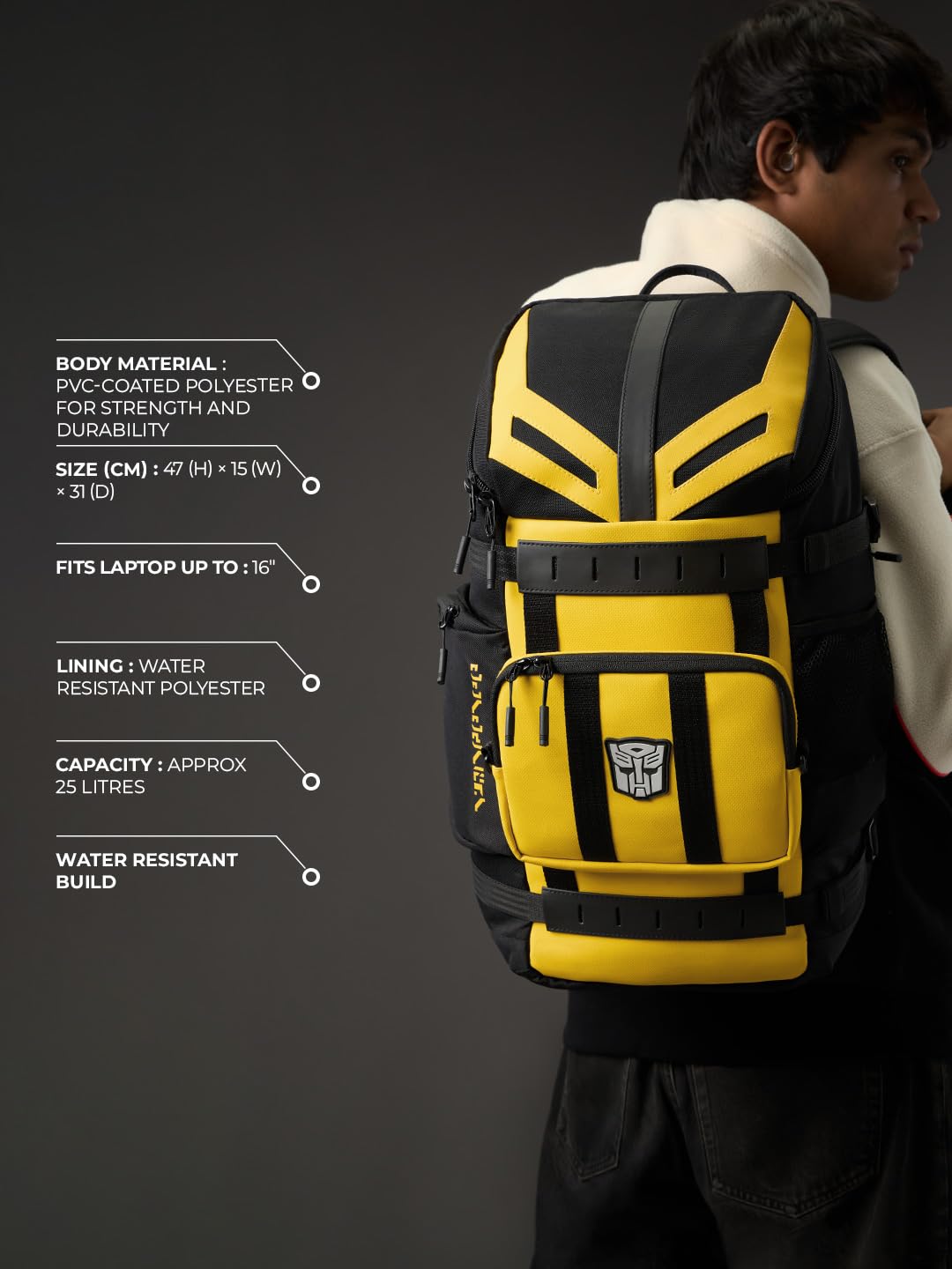 The Souled Store Bumblebee: Tactical Autobot Backpacks | Premium Padded Laptop Bag with Multi-Utility Pockets | Transformers Edition Unisex Travel Rucksack for Men & Women – Stealth Yellow & Black