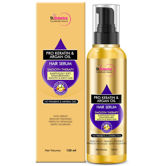 St.Botanica Smoothening Pro Keratin & Argan Hair Serum for Women, 200 ml | with Pro Keratin & Argan Oil | Deeply Conditions Dry, Damaged Hair | Protects Coloured Hair | No Parabens & Sulphates