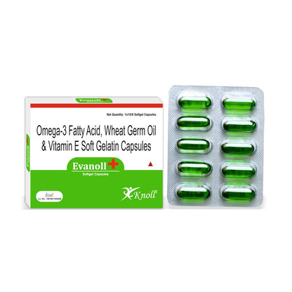 Knoll Healthcare Evanoll Plus Omega 3 Fish oil Capsules Fatty Acid Wheat Germ Oil & Vitamin E Capsules Hair Skin joint health 10 Capsules (Pack of 1)