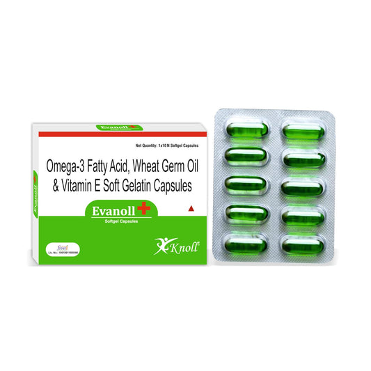 Knoll Healthcare Evanoll Plus Omega 3 Fish oil Capsules Fatty Acid Wheat Germ Oil & Vitamin E Capsules Hair Skin joint health 10 Capsules (Pack of 1)