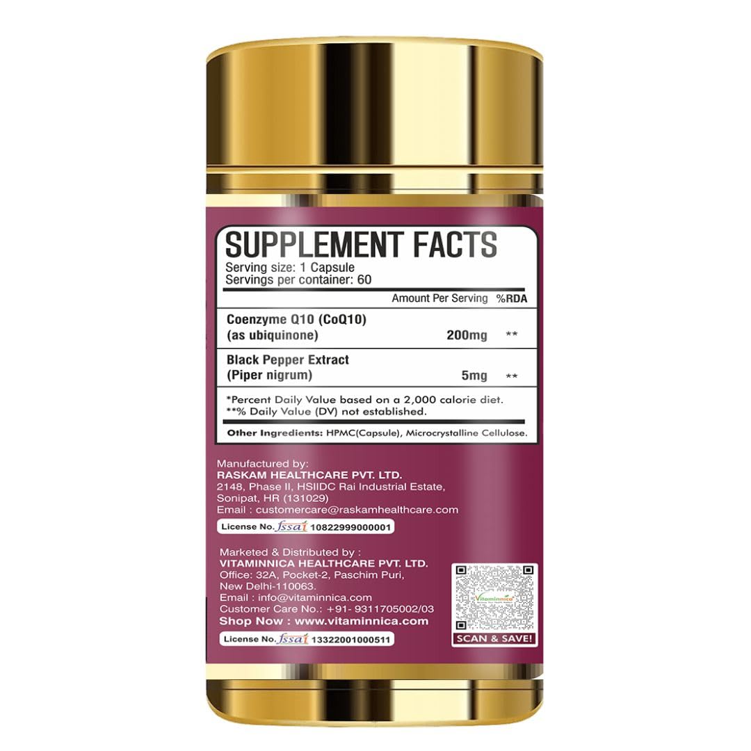 Vitaminnica Coenzyme Q10 200mg Double Strength Ubiquinone | 60 Veg Capsules | Supports Heart Health, Boosts Stamina & Powerful Antioxidant | Highly Absorption Formula