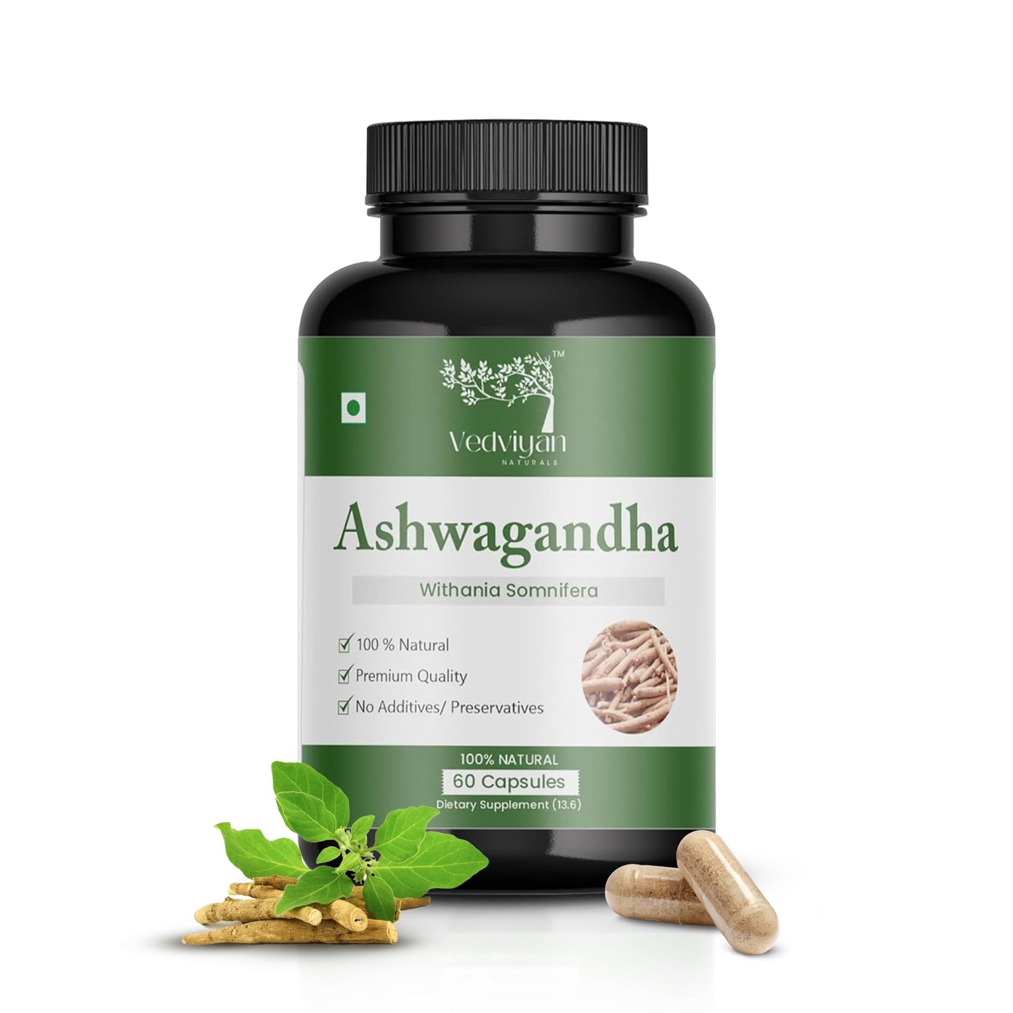 VedViyan Naturals Ashwagandha Capsules 500 mg 60 capsules-Natural stress relief and energy booster-supports immunity,brain health-care 100% vegetarian, premiun quality