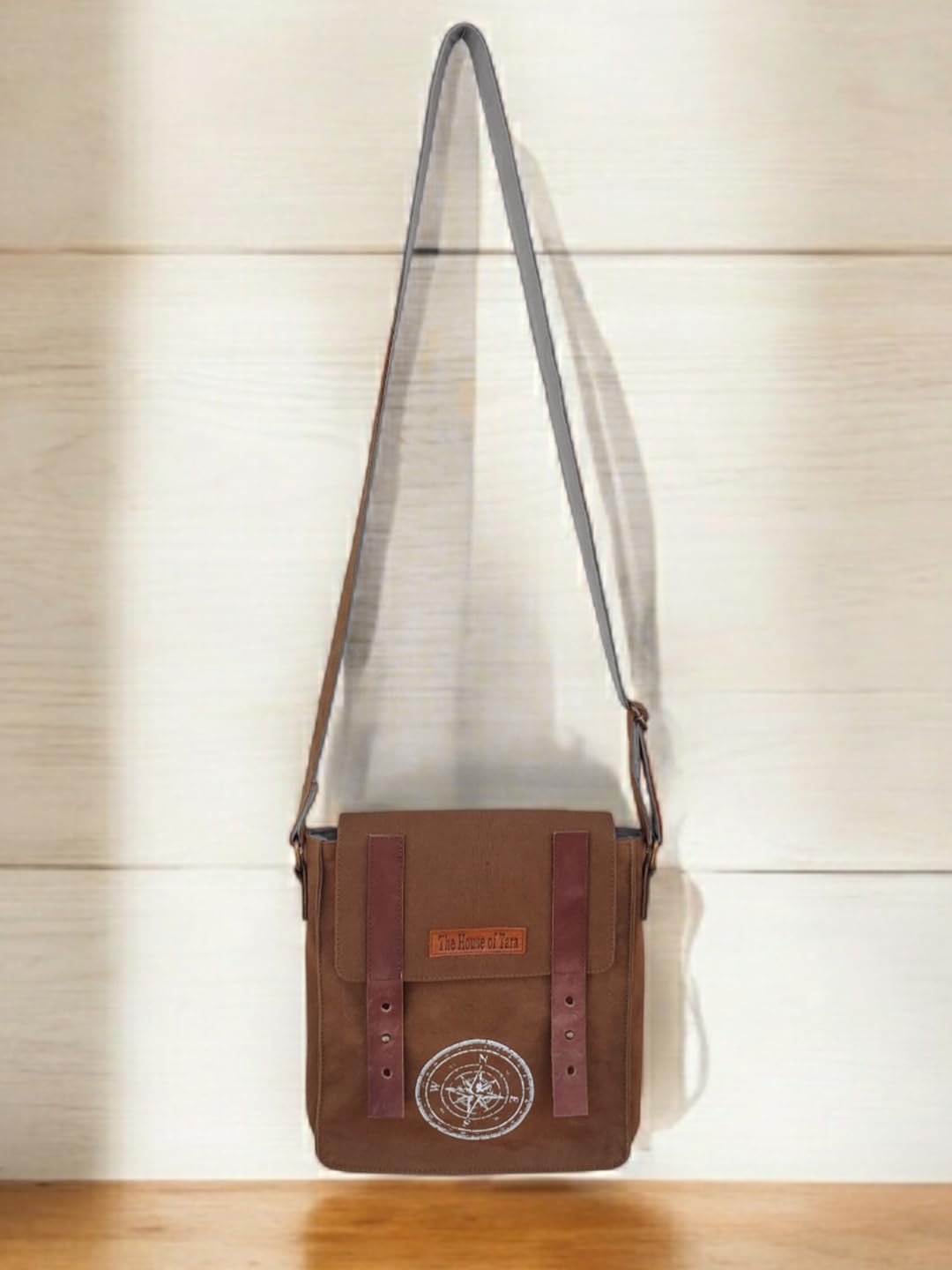 The House of Tara Canvas Side Sling Bag For Men & Women | Compact Messenger bag with Leather Strap on Flap Closure, Adjustable Shoulder Strap & Metal Buckle | Crossbody bag Suitable for Office (Khaki)