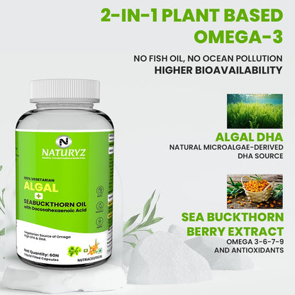 Naturyz Vegetarian Omega 3 Algae + Sea buckthorn Oil Capsules 1120mg | Highest Strength DHA 400mg | Gelatin Free, No Burps, No Fish Oil | Supports Healthy Heart, Skin, Brain & Gut | Plant source for Men & Women | 60 Liquid fill Capsules