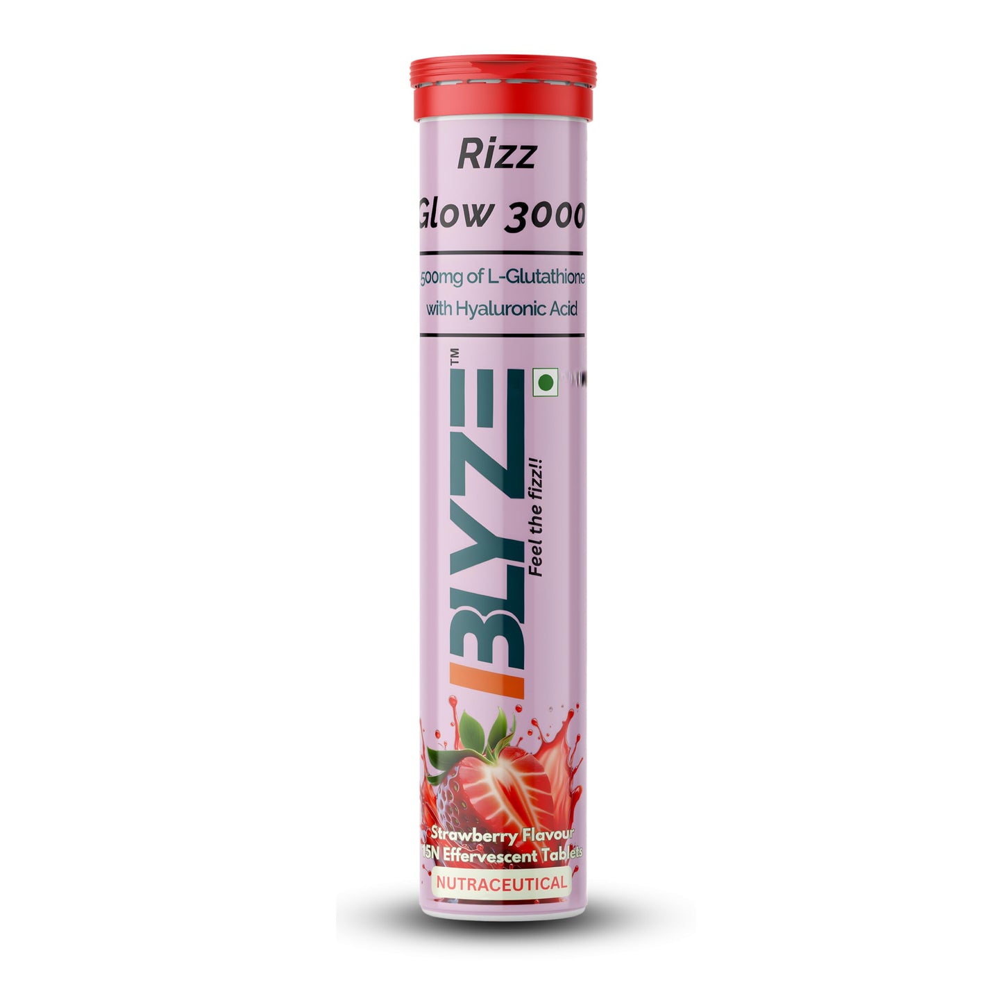 BLYZE Rizz Glow 3000 Glutathione Effervescent Tablets for Clear, Glowing and Youthful Skin – 500mg Glutathione with Hyaluronic Acid, No Sugar, No Maltodextrin – Pack of 1 (15 Tablets) Strawberry Flavor