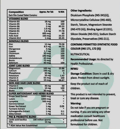 Kuerzen Multi Complete Multivitamin Tablets | Vitamins + Minerals + Pre & Probiotics + Antioxidant & Herb Blend + Joint & Skin-Hair Care | Daily Immunity, Gut Health & Cell Protection | Vegan, No Added Sugar | 10 Tablets