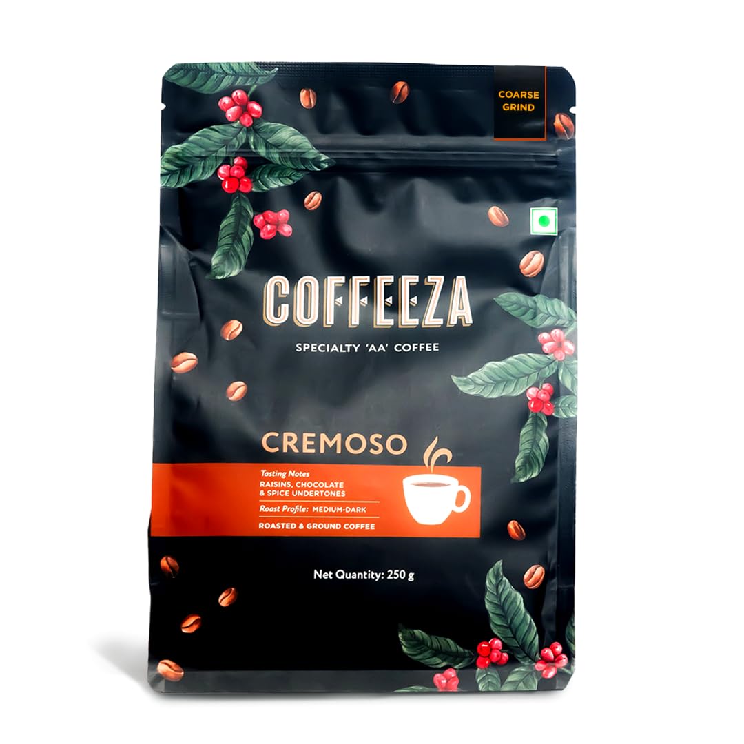 COFFEEZA Ground Coffee - Medium Grind - Cremoso - 250G - Dark Roast 100% Arabica Ground Coffee Powder Packet