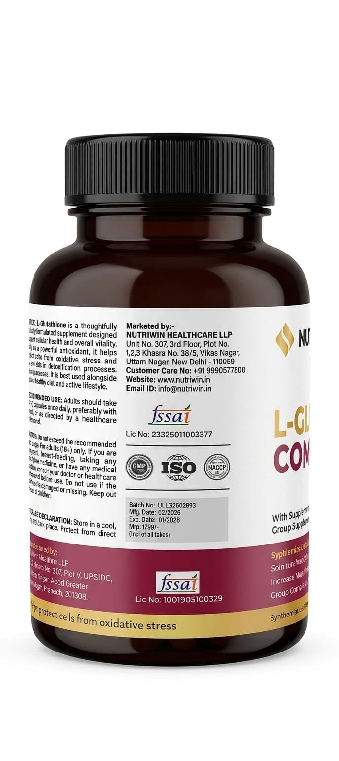Nutriwin L-Glutathione Capsules with Hyaluronic Acid, Alpha-Lipoic Acid, Grape Seed Extract & Vitamin C | Skin Brightening & Antioxidant Support | 60 Veg Capsules