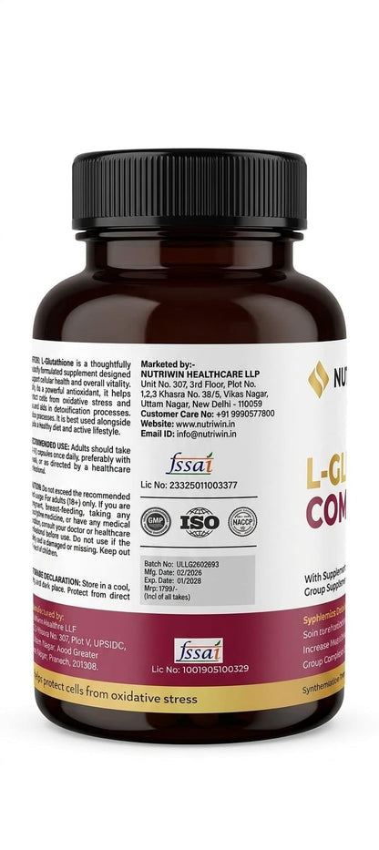Nutriwin L-Glutathione Capsules with Hyaluronic Acid, Alpha-Lipoic Acid, Grape Seed Extract & Vitamin C | Skin Brightening & Antioxidant Support | 60 Veg Capsules