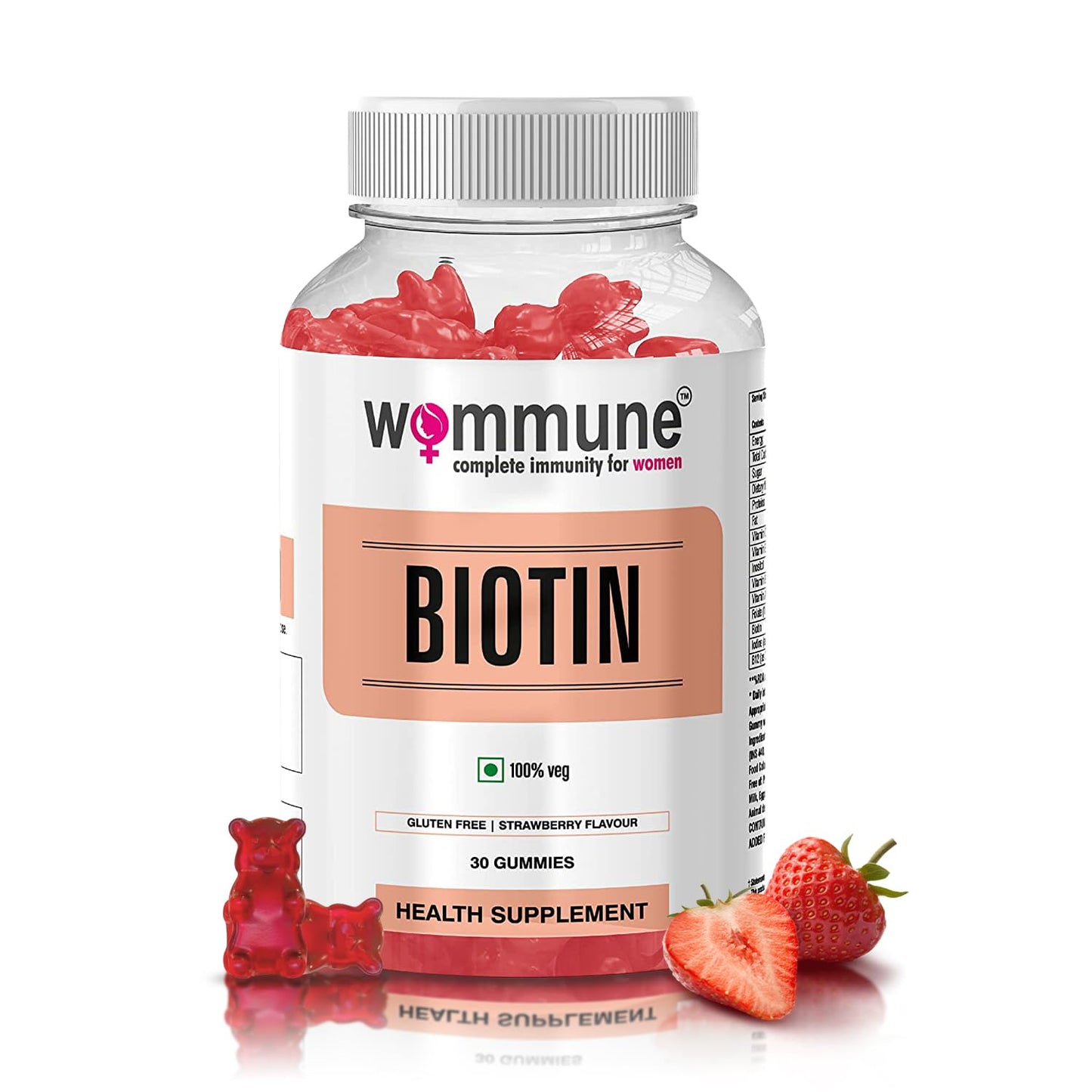 Wommune Biotin Gummies with Zinc, Vitamin C, A, D, E, B6, B12, B5 & Folic Acid for Hair, Skin & Nail Supplements | Strawberry Flavour | helps in Skin care & Hair Growth 30gummies