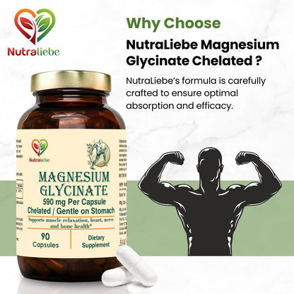 NutraLiebe Magnesium Glycinate Chelated - High Absorption - Supports Muscle Relaxation, Bone Health & Sleep - 90 Capsules (1)