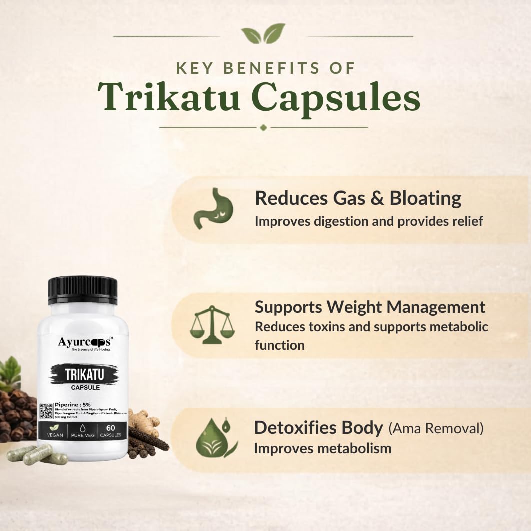 Trikatu Capsules For Men & Women | Ayurvedic Blend Of Black Pepper, Long Pepper & Ginger Extract | Piperine 5% Herbal Supplement For Digestion, Metabolism & Daily Wellness Support | 60 Capsules