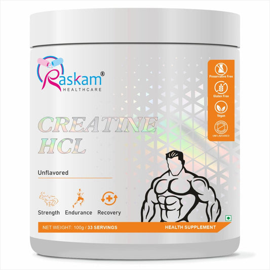 Raskam Pure Creatine HCL Supplement 100g (33 Servings)| Unflavored Powder | Improves Muscle Strength & Power | Rapid Absorption