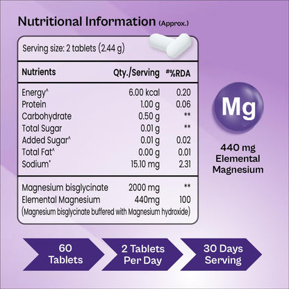 Tata 1mg Magnesium Glycinate Tablets |2000mg | High Absorption Chelated form for Muscle Recovery, Sleep & Nerve Health | 2000mg Per Serving – 60 Veg Tablets