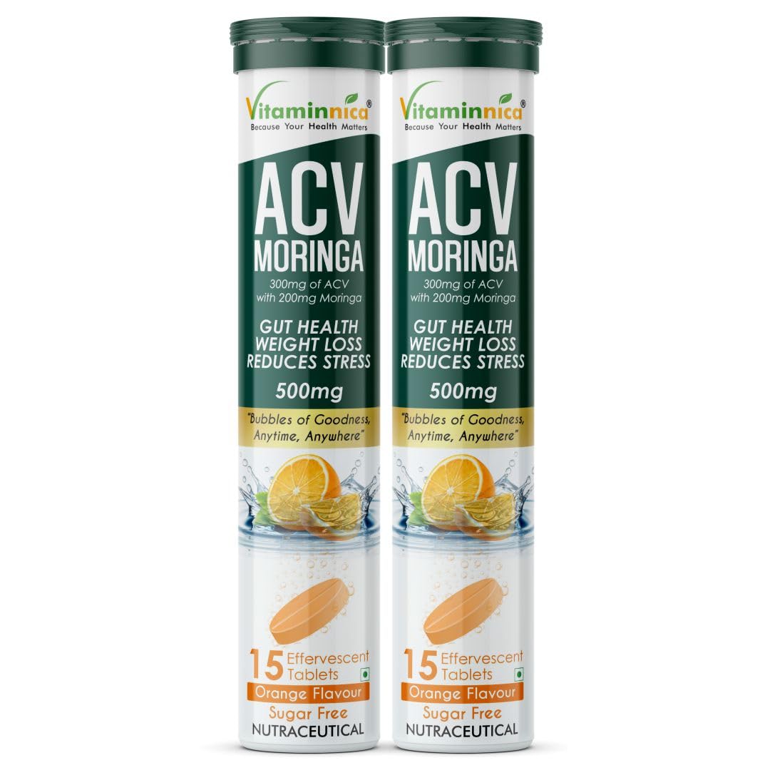 Vitaminnica ACV Moringa Effervescent Tablets | Controls Cravings, Supports Gut Health & Weight Management | Reduces Stress | Sugar Free Wellness Drink | Orange Flavour | 15 Tablets Each (Pack of 2)