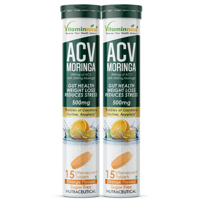 Vitaminnica ACV Moringa Effervescent Tablets | Controls Cravings, Supports Gut Health & Weight Management | Reduces Stress | Sugar Free Wellness Drink | Orange Flavour | 15 Tablets Each (Pack of 2)