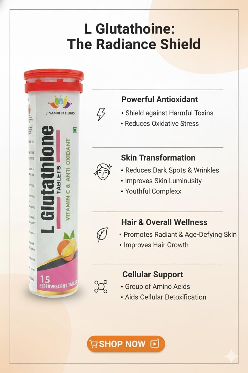 JINAMRITH Herbs L-Glutathione Effervescent Tablets with Vitamin C & E – 15 Tablets (Orange Flavour)